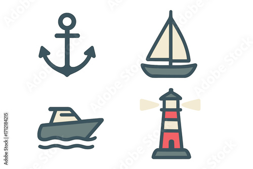 Minimalist nautical icon set with anchor, sailboat, motorboat, and lighthouse in vector cartoon style, marine theme, seafaring symbols, isolated transparent background