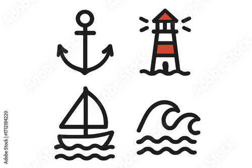 Minimalist nautical icons set with boat, anchor, lighthouse, and ocean waves. Vector cartoon illustration, simple marine symbols collection with transparent background, ordered design