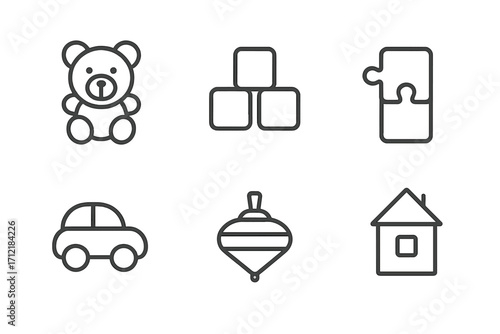 Minimalist toy icons set featuring teddy bear, building blocks, puzzle pieces, car, spinning top, and house. Simple vector cartoon illustration with transparent background, ordered collection.
