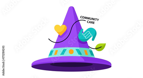 Community Care Concept Illustrated with a Purple Magical Hat.