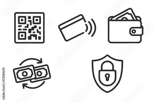 Minimalist payment and finance icon set including QR code, contactless card, wallet, money exchange, security lock, vector cartoon illustration with transparent background, business finance concept