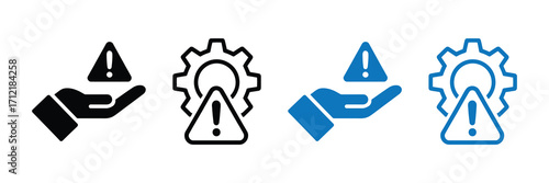 Set of four icons representing a hand holding a warning sign and a gear with a warning sign, in black and blue, isolated on white background