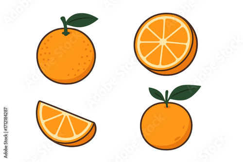 Orange fruit vector illustration with whole and sliced orange, leafy branches, flat cartoon style citrus fruit clipart for creative design and healthy food concepts