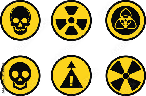 Radiation sign, biohazard sign and toxic sign set vector . Set of hazard danger yellow and black vector signs symbol. Danger, warning icon set. Silhouette and outline style. Vector illustration.