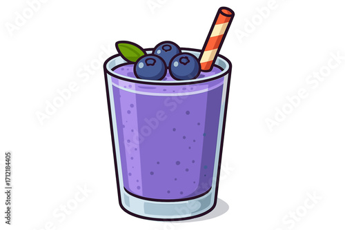 Refreshing blueberry smoothie with fresh blueberries and mint leaf in clear glass, summer drink cartoon vector illustration with striped straw, healthy beverage concept
