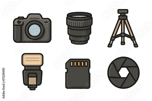 Photography equipment icons set with camera, lens, tripod, flash, memory card, aperture symbols, cartoon vector illustration, transparent background, photography gear collection, ordered design