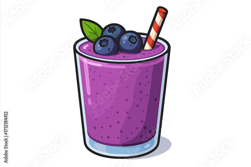 Refreshing blueberry smoothie with fresh berries on top in clear glass, summer fruit drink, healthy beverage vector cartoon illustration with transparent background, ordered set