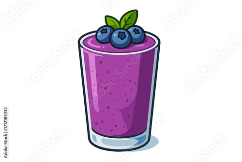 Refreshing blueberry smoothie in clear glass with fresh berries and mint leaves, summer drink, healthy fruit beverage, vector cartoon illustration with transparent background