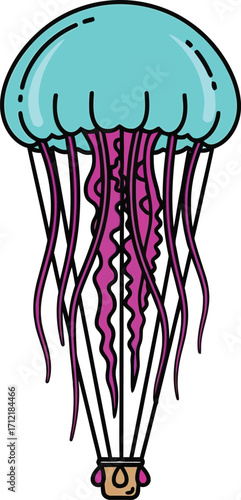 Whimsical cartoon illustration of a vibrant jellyfish hot air balloon, symbolizing dreamy adventures and imaginative travel. Playful vector design