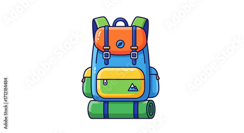 Colorful hiking backpack with sleeping bag cartoon illustration.