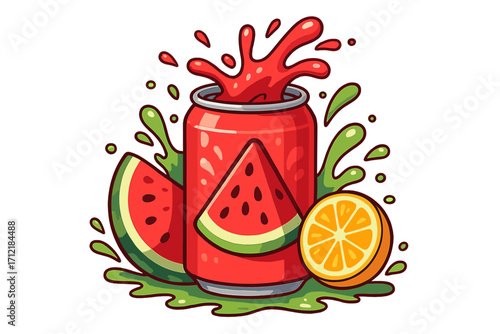 Refreshing watermelon soda can with splashes, citrus slices, and juicy fruit design, summer drink illustration, vector cartoon, vibrant beverage, tropical refreshment