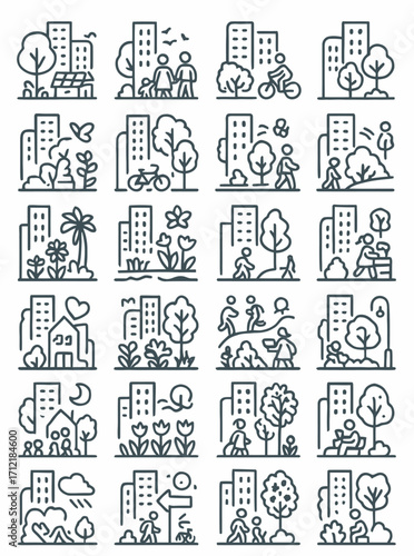 Set of sleek line icons showcasing integrated city living with nature, highlighting sustainable practices, community engagement, and a healthy urban environment