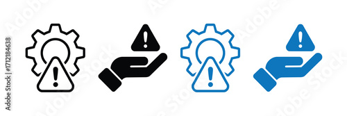 Set of four icons representing a gear with a warning sign and a hand holding a warning sign, in black and blue, isolated on white background