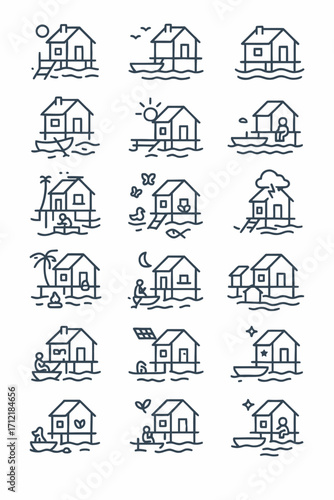 Collection of thin line icons illustrating various stilt houses, overwater bungalows, and lakeside cabins for travel and real estate concepts