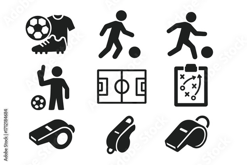 Soccer silhouette icons set with equipment, players, field, tactics board, and whistle. Vector cartoon illustration with transparent background. Football symbols collection for sports and coaching.
