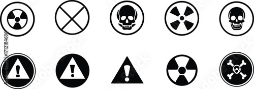 Radiation sign, biohazard sign and toxic sign set vector . Set of hazard danger yellow and black vector signs symbol. Danger, warning icon set. Silhouette and outline style. Vector illustration.