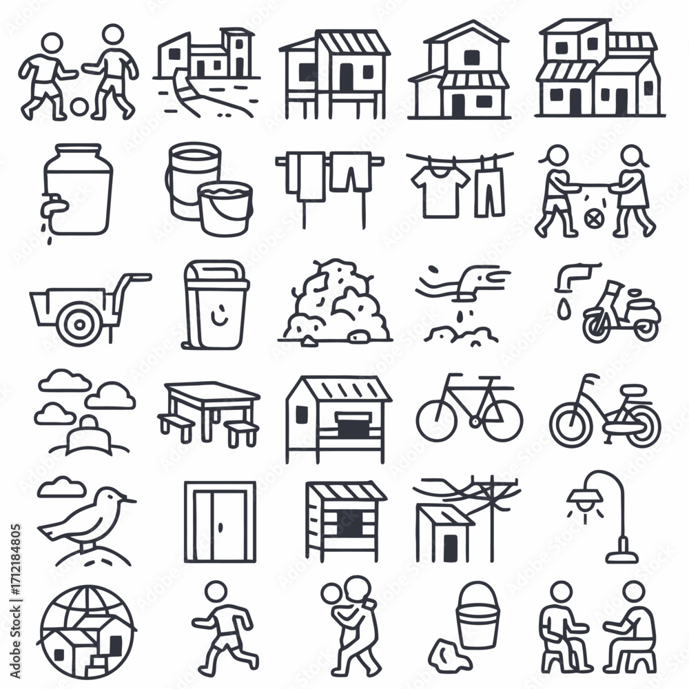 Fototapeta premium Community Life Scenes Line Art Depictions of Daily Activities and Environment