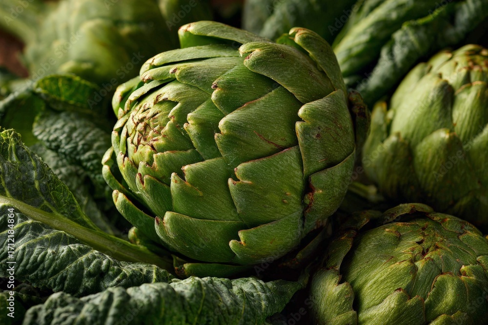 Obraz premium Fresh green artichokes surrounded by leafy greens in a vibrant display of farm produce