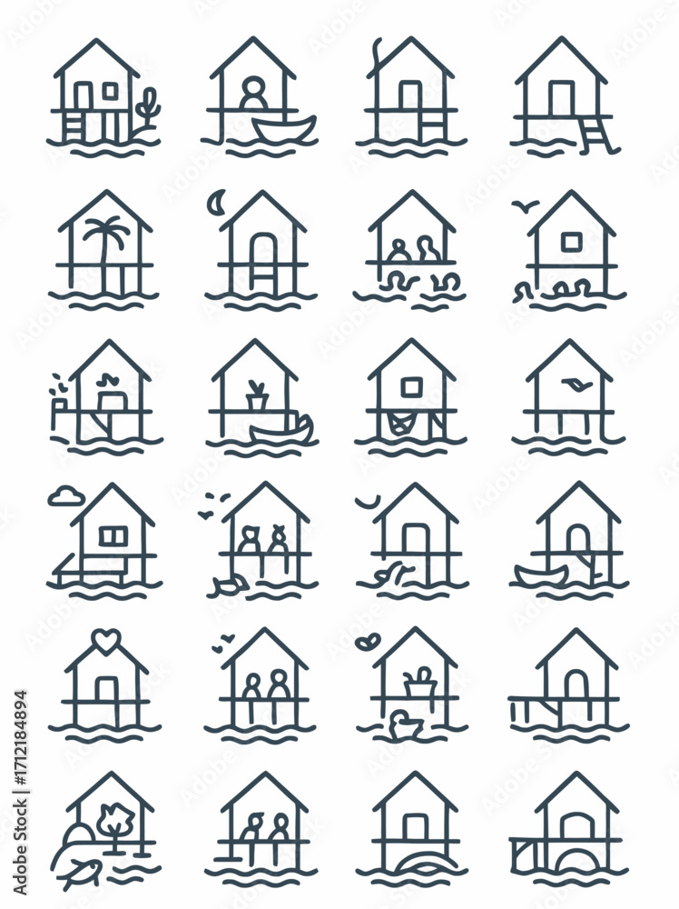 Fototapeta premium Stilt house and overwater bungalow icon set. Vector line art collection of seaside huts on piles for travel and vacation themes