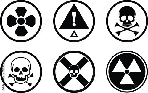 Radiation sign, biohazard sign and toxic sign set vector . Set of hazard danger yellow and black vector signs symbol. Danger, warning icon set. Silhouette and outline style. Vector illustration.