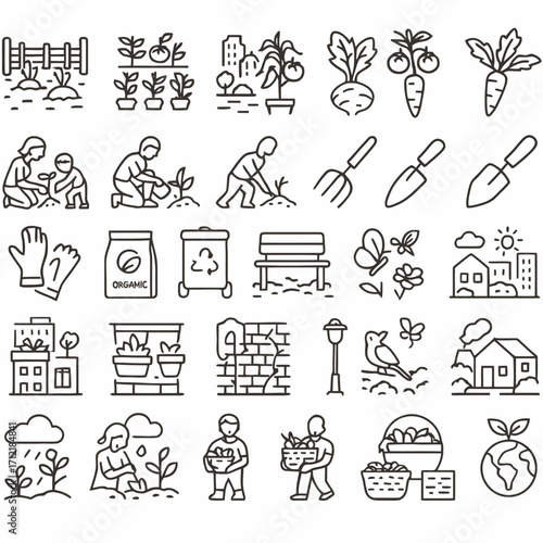 Gardening Line Icons Vegetables, Plants, Tools, and People Enjoying the Outdoors