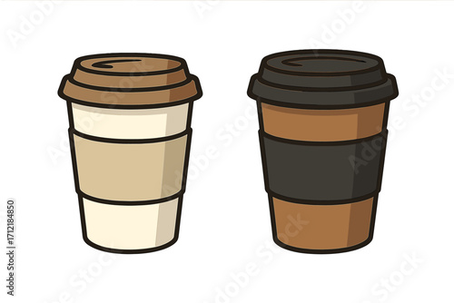 Minimalist coffee cup vector illustration, two styles, neutral colors, reusable takeaway cups, modern cartoon design for branding, cafe marketing, beverage concept, transparent background