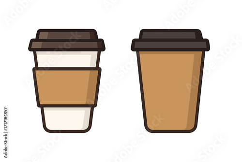 Minimalist coffee cup illustrations with different styles and colors, disposable coffee cups with lids and sleeves, vector cartoon design for branding, cafe, takeaway drinks