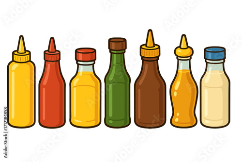 Variety of colorful condiment bottles for food preparation and dining, cartoon vector illustration with transparent background, sauce containers in different shapes and colors for kitchen use