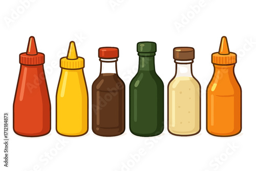 Colorful variety of condiment bottles for food preparation and dining, vector cartoon illustration with transparent background, ketchup mustard soy sauce olive oil mayo hot sauce