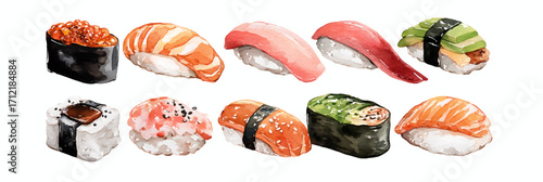 Vector illustration, Set of sushi Watercolor painting, banner.
