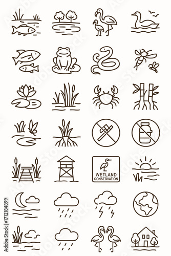 Wetland ecosystem and nature conservation thin line icon set. Collection of marsh wildlife, plants, and weather symbols