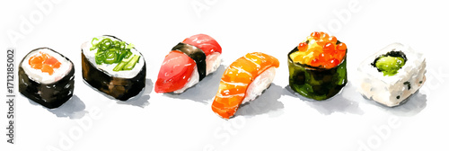 Vector illustration, Set of sushi Watercolor painting, banner.