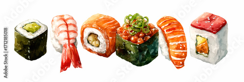 Vector illustration, Set of sushi Watercolor painting, banner.