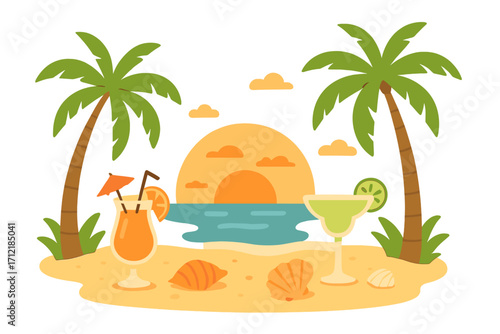 Tropical beach sunset scene with palm trees, cocktails, seashells, and ocean waves. Summer vacation vector illustration with colorful drinks on sandy shore.