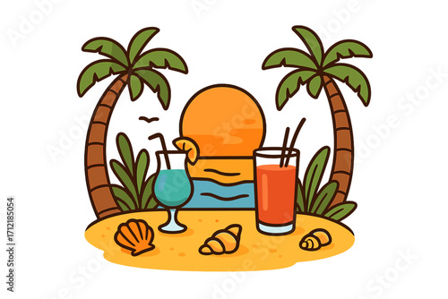 Tropical beach scene with palm trees, vibrant sunset, refreshing summer cocktails, seashells on sandy shore, ocean waves, vacation and relaxation vector illustration