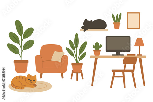 Cozy home interior with plants, cats, and workspace elements in a serene domestic setting, vector flat cartoon illustration, peaceful indoor lifestyle and home decor concept