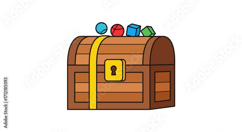 Cartoon wooden treasure chest with colorful geometric shapes.