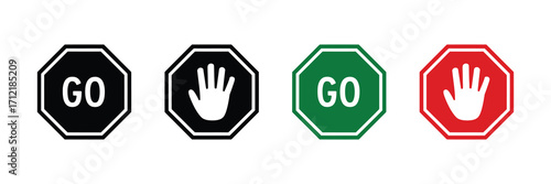 Set of four octagonal signs with traffic signal colors black with go, black with hand, green with go, and red with hand, isolated on white background
