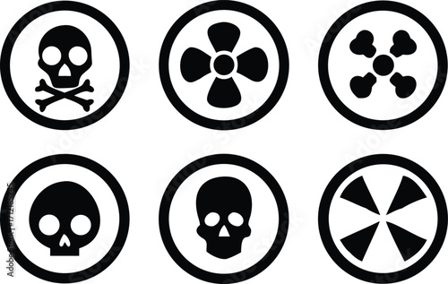 Radiation sign, biohazard sign and toxic sign set vector . Set of hazard danger yellow and black vector signs symbol. Danger, warning icon set. Silhouette and outline style. Vector illustration.