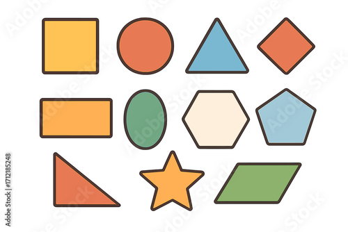 Colorful geometric shapes collection flat vector illustration with various polygons, circles, stars, and outlines isolated on white background, creative design elements for education and art