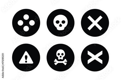 Radiation sign, biohazard sign and toxic sign set vector . Set of hazard danger yellow and black vector signs symbol. Danger, warning icon set. Silhouette and outline style. Vector illustration.