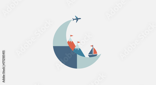 Stylized Travel Icon Featuring Airplane, Mountain, and Sailboat Elements.