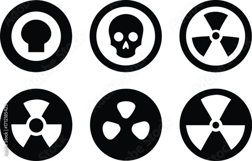 Radiation sign, biohazard sign and toxic sign set vector . Set of hazard danger yellow and black vector signs symbol. Danger, warning icon set. Silhouette and outline style. Vector illustration.