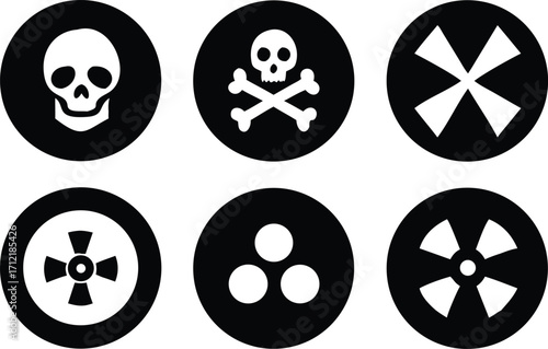 Radiation sign, biohazard sign and toxic sign set vector . Set of hazard danger yellow and black vector signs symbol. Danger, warning icon set. Silhouette and outline style. Vector illustration.