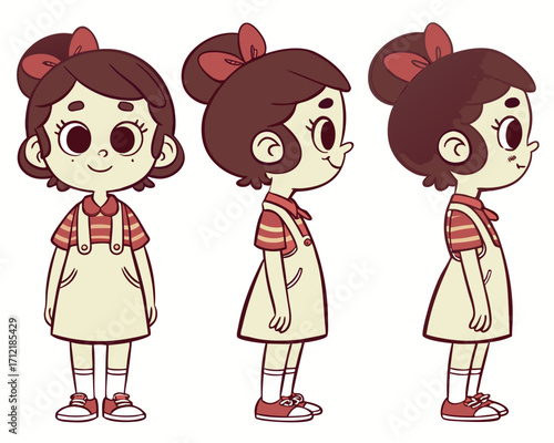 itle: Cute Girl Character Turnaround. Little girl character turnaround set. Cartoon girl body with multiple views like front view, side view, back view, ⅓ back view and ⅓ front view. See Less