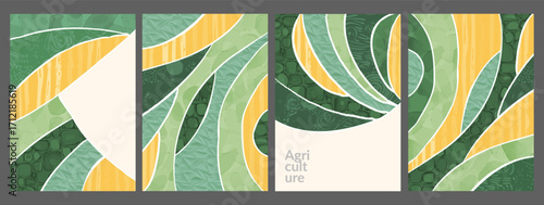 Green field rice and wheat farm with vineyard and corn. eco design vector creates tuscany landscape. Agriculture texture with illustration shows abstract nature art and rural background