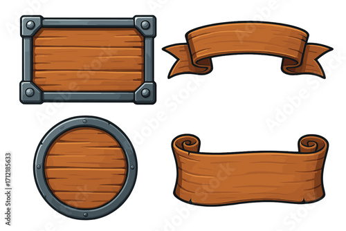 Wooden sign and banner set with metallic frames, cartoon style vector illustration, versatile design elements for games, projects, advertising, rustic wooden plaques, transparent background