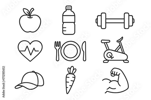 Linear icons of nutrition and fitness elements for a healthy lifestyle, vector cartoon illustration with transparent background, fitness equipment, healthy food, and wellness set