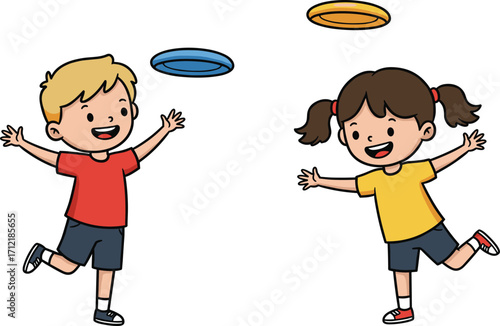 Cartoon children playing frisbee, happy boy and girl with flying discs, outdoor game, fun physical activity, vector illustration  children playing frisbee, happy boy and girl with flying 