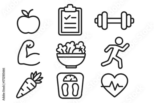 Linear icons of nutrition and fitness elements for a healthy lifestyle, vector cartoon illustration set, transparent background, ordered collection of health and wellness symbols